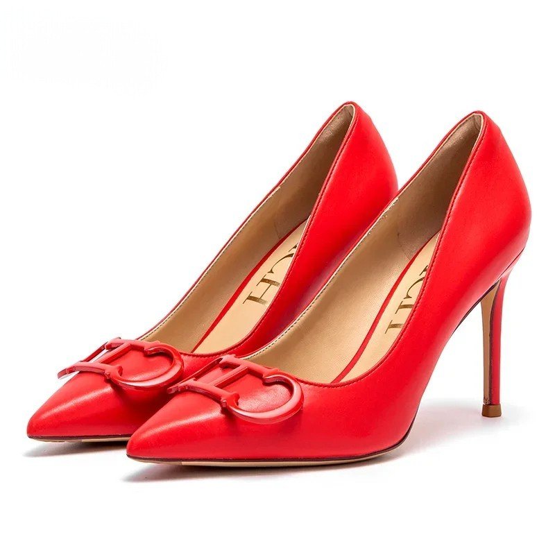 Red Woman shoes High Heels New Pointed Metal Buckle Party Carnival Women's Shoes 9cm