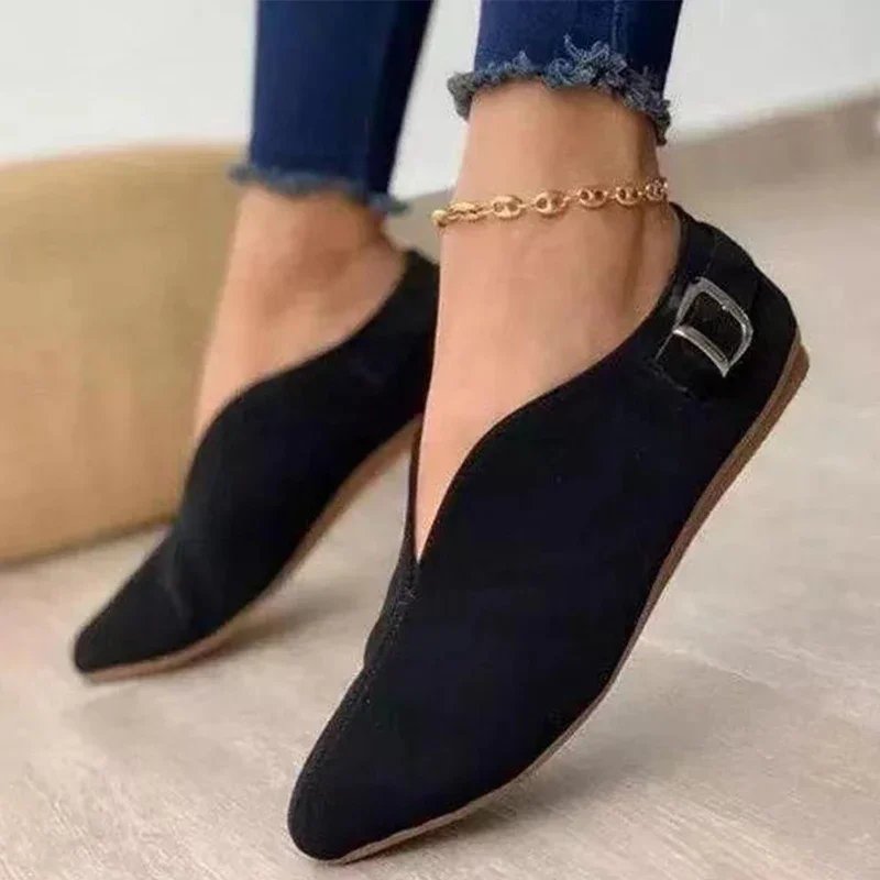 adies Adjustable Buckle Suede Flats V‑Shape Pointed Toe Daily Walking Shoes